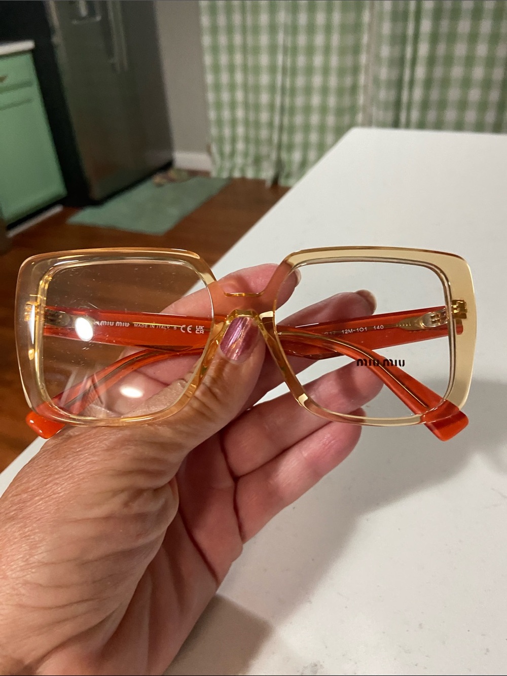 Miu Miu Women's Transparent Peach Square Glasses with orange Temples - Picture 4 of 5